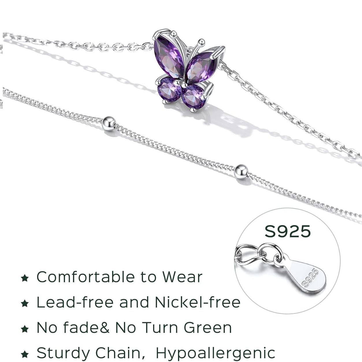 Sterling Silver Adjustable Layered Butterfly Birthstone Anklet