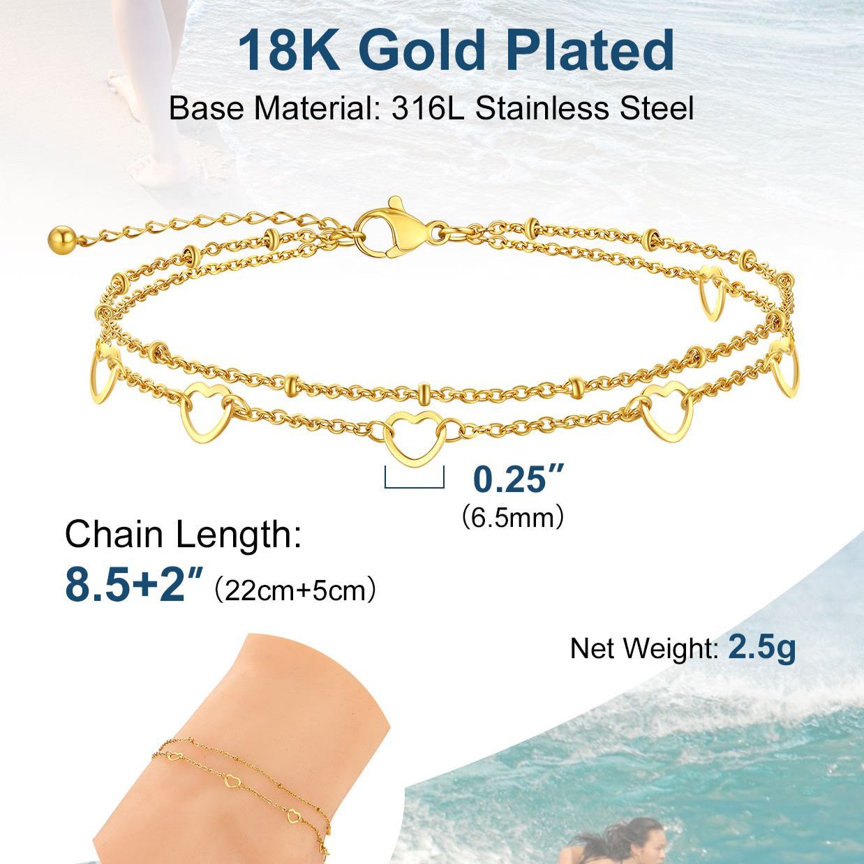 Adjustable gold heart anklet with 2-inch extension chain and lobster clasp