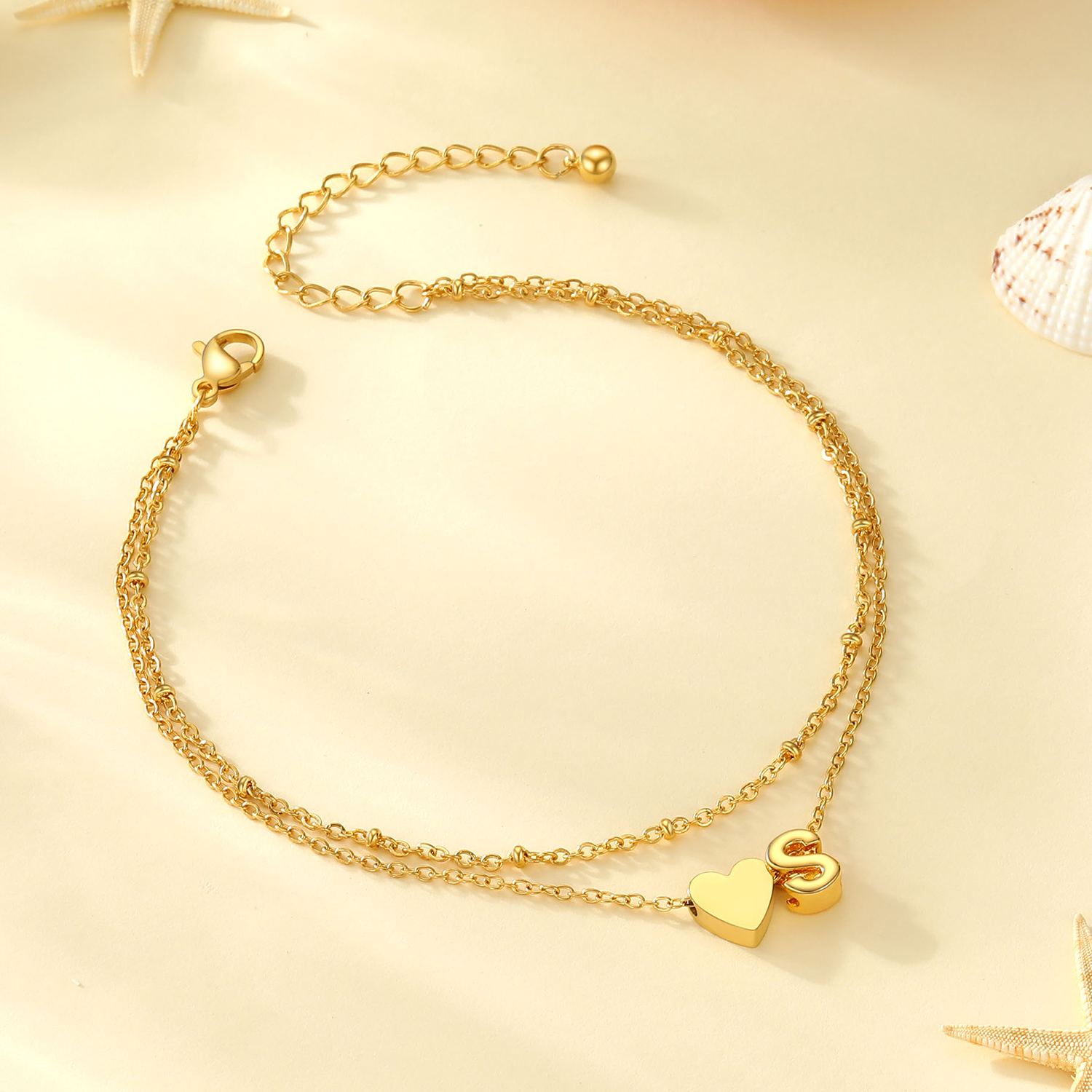 Polished Heart Letter Double Layer Anklet