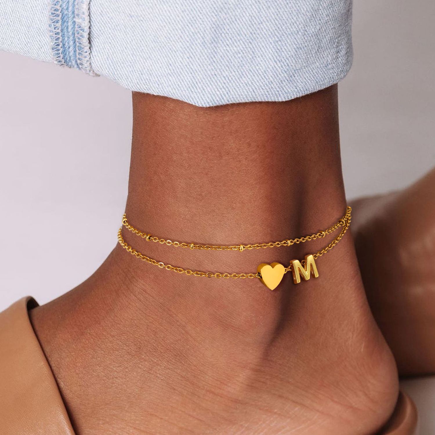 Polished Heart Letter Double Layer Anklet
