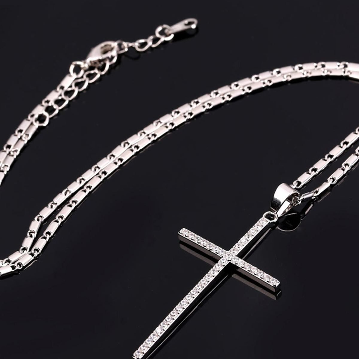 Classic Cross Pendant Necklace with CZ in Platinum