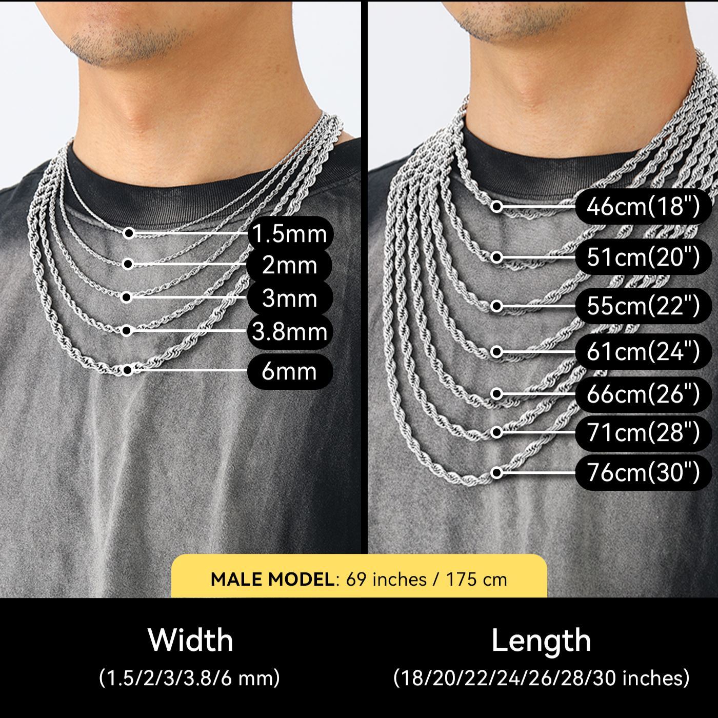 3/6mm Twisted Rope Chain Stainless Steel Necklace for Men
