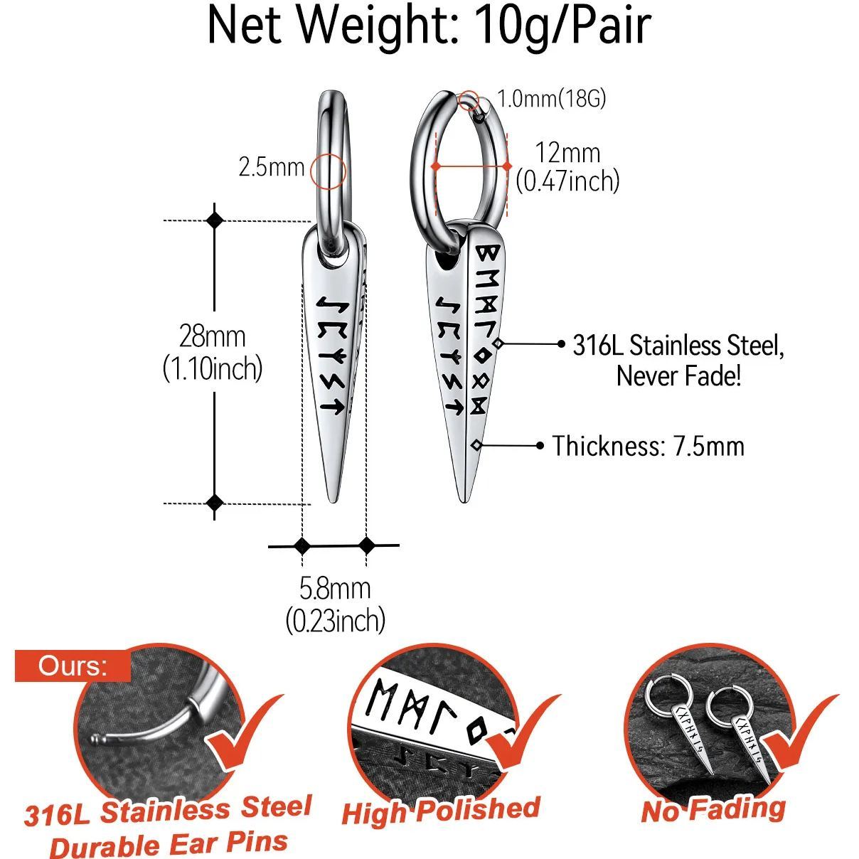 Viking Runes Spike Earrings for Men