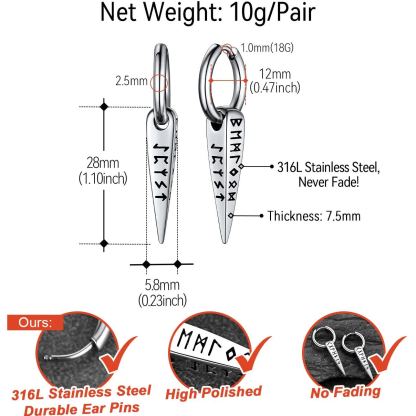 Viking Runes Spike Earrings for Men