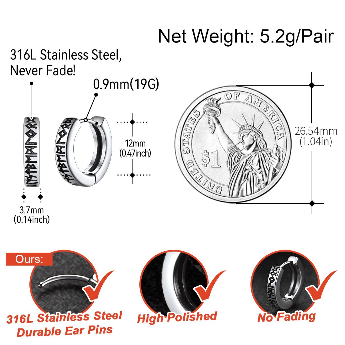 Viking Rune Huggie Hoop Earrings for Men