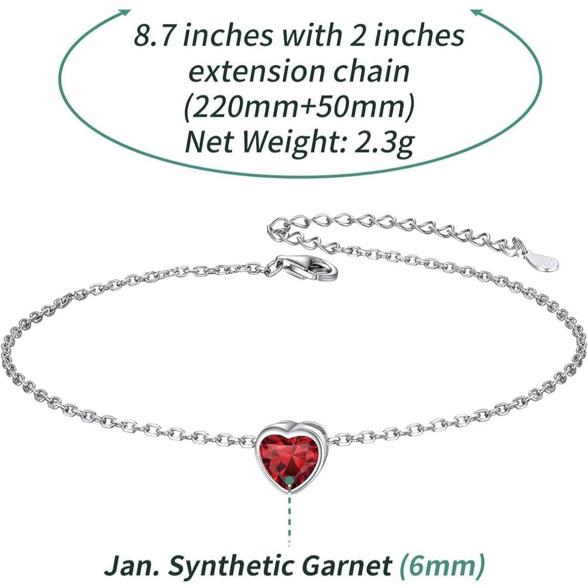 Bride Heart Birthstone Wedding Anklets Details: Dimensions, Hypoallergenic, Lobster-Claw-Clasps