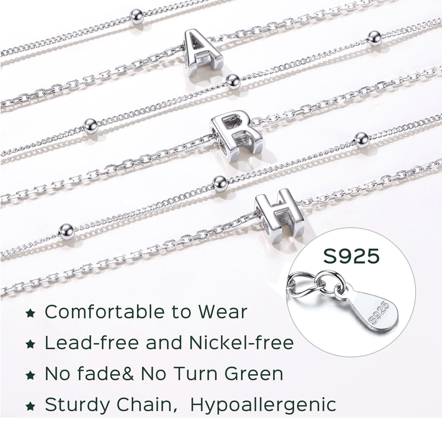 Sterling Silver Dainty Layered Waterproof Initial Anklets