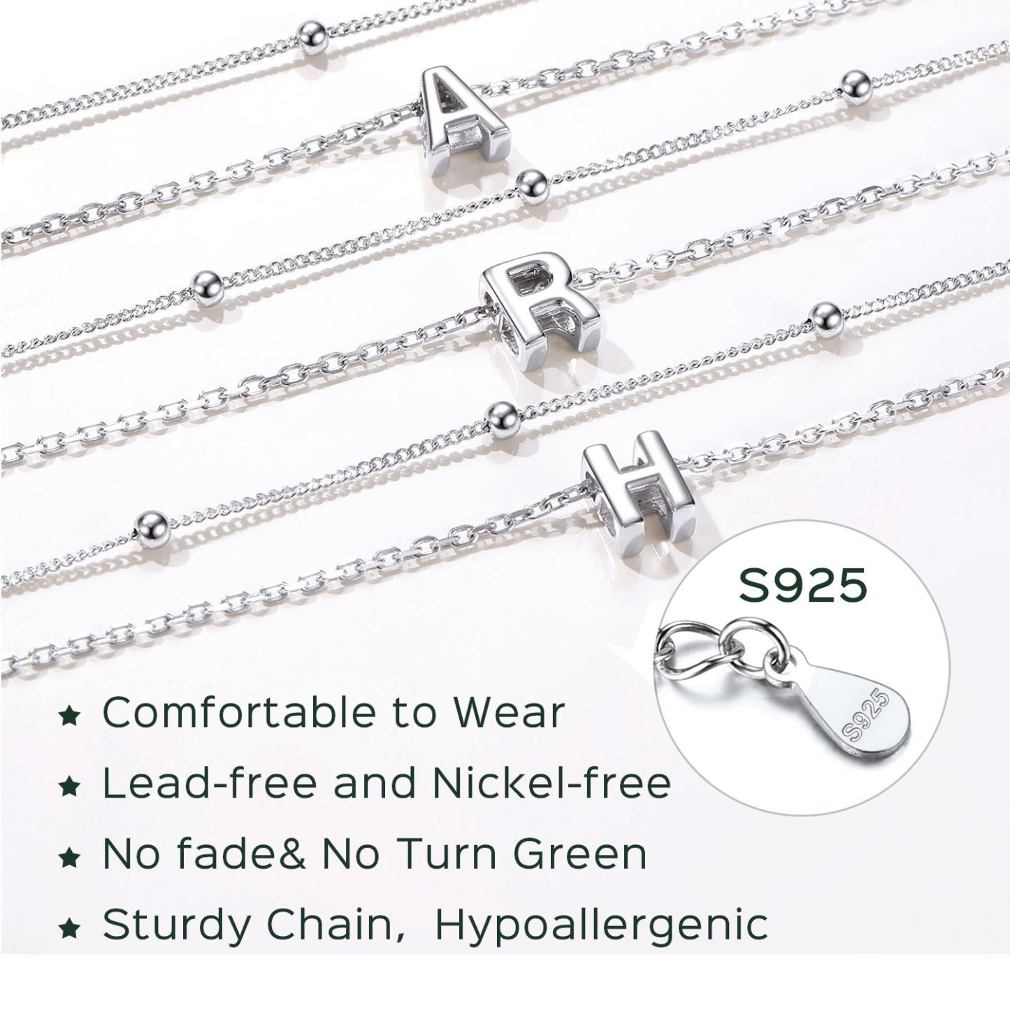 Sterling Silver Dainty Layered Waterproof Initial Anklets