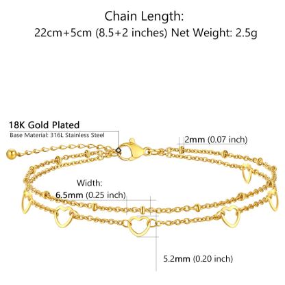 Waterproof Heart Layered Anklet Adjustable for Women