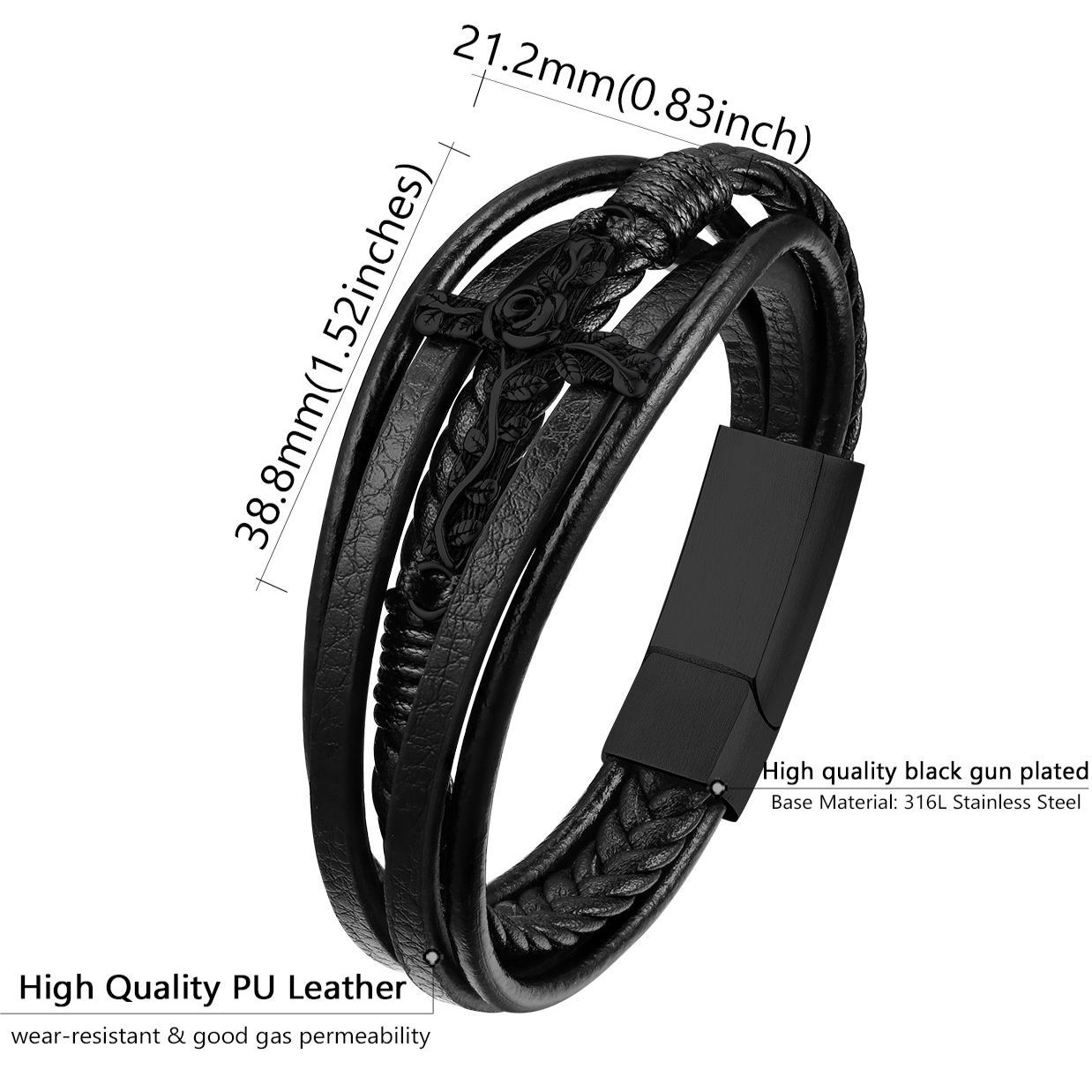 Rose Cross Multi Layered Leather Cord Bracelet