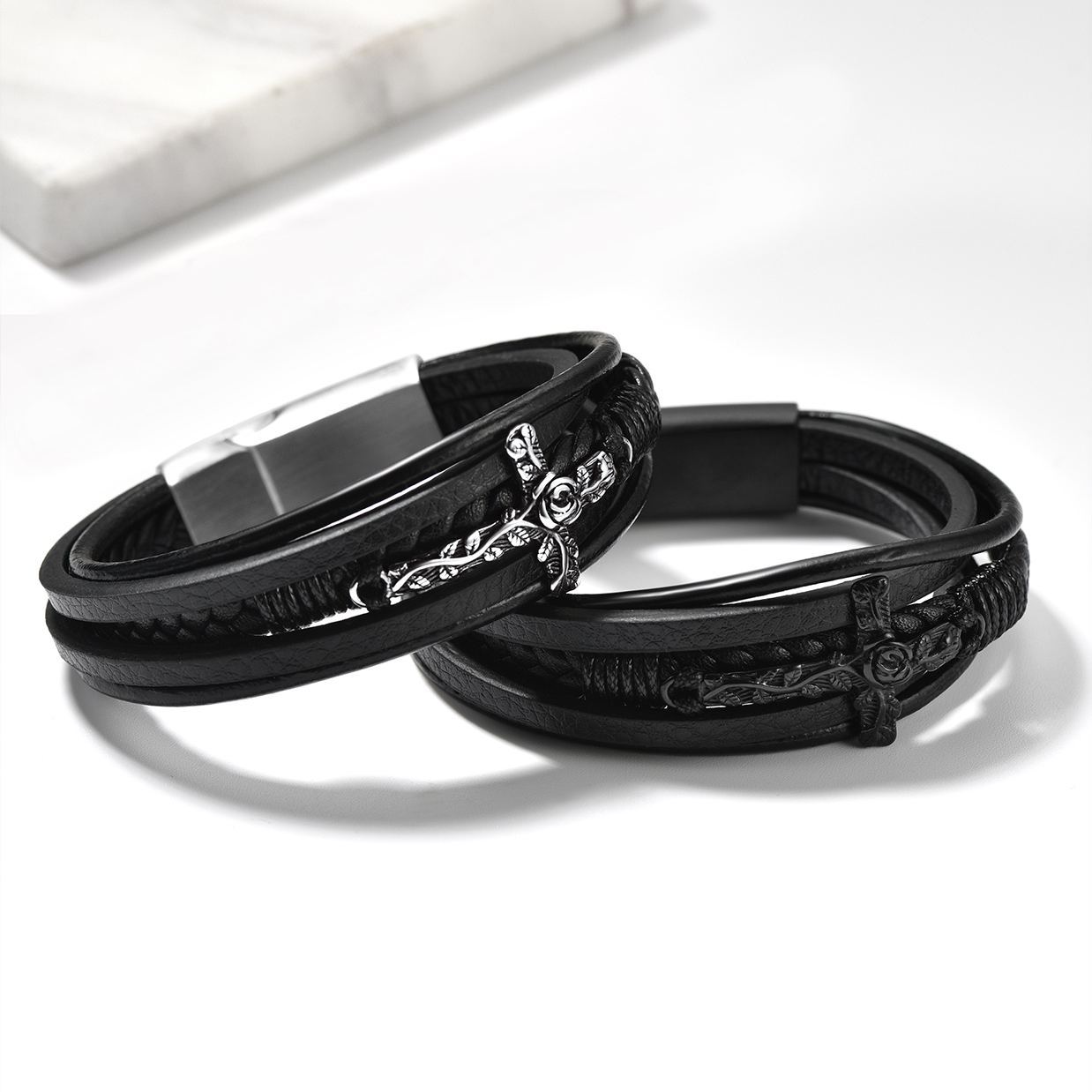 Rose Cross Multi Layered Leather Cord Bracelet