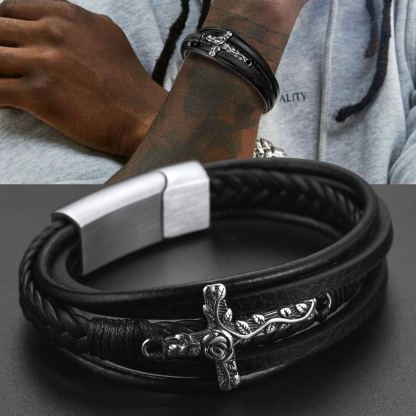 Rose Cross Multi Layered Leather Cord Bracelet