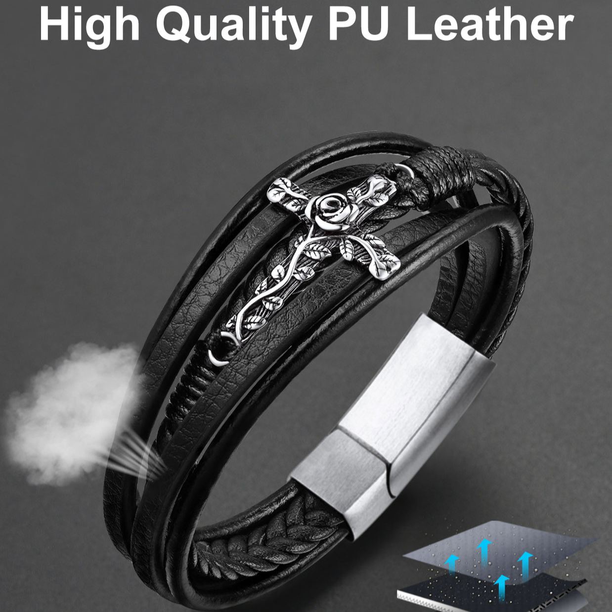 Rose Cross Multi Layered Leather Cord Bracelet