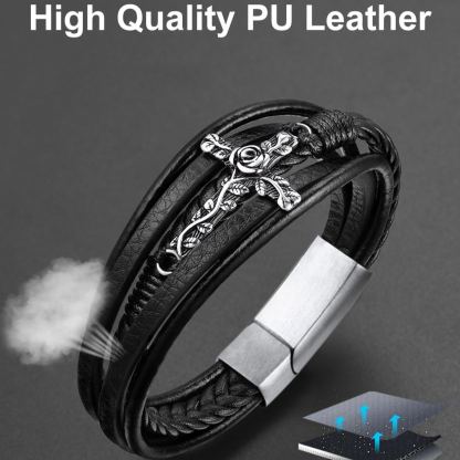 Rose Cross Multi Layered Leather Cord Bracelet