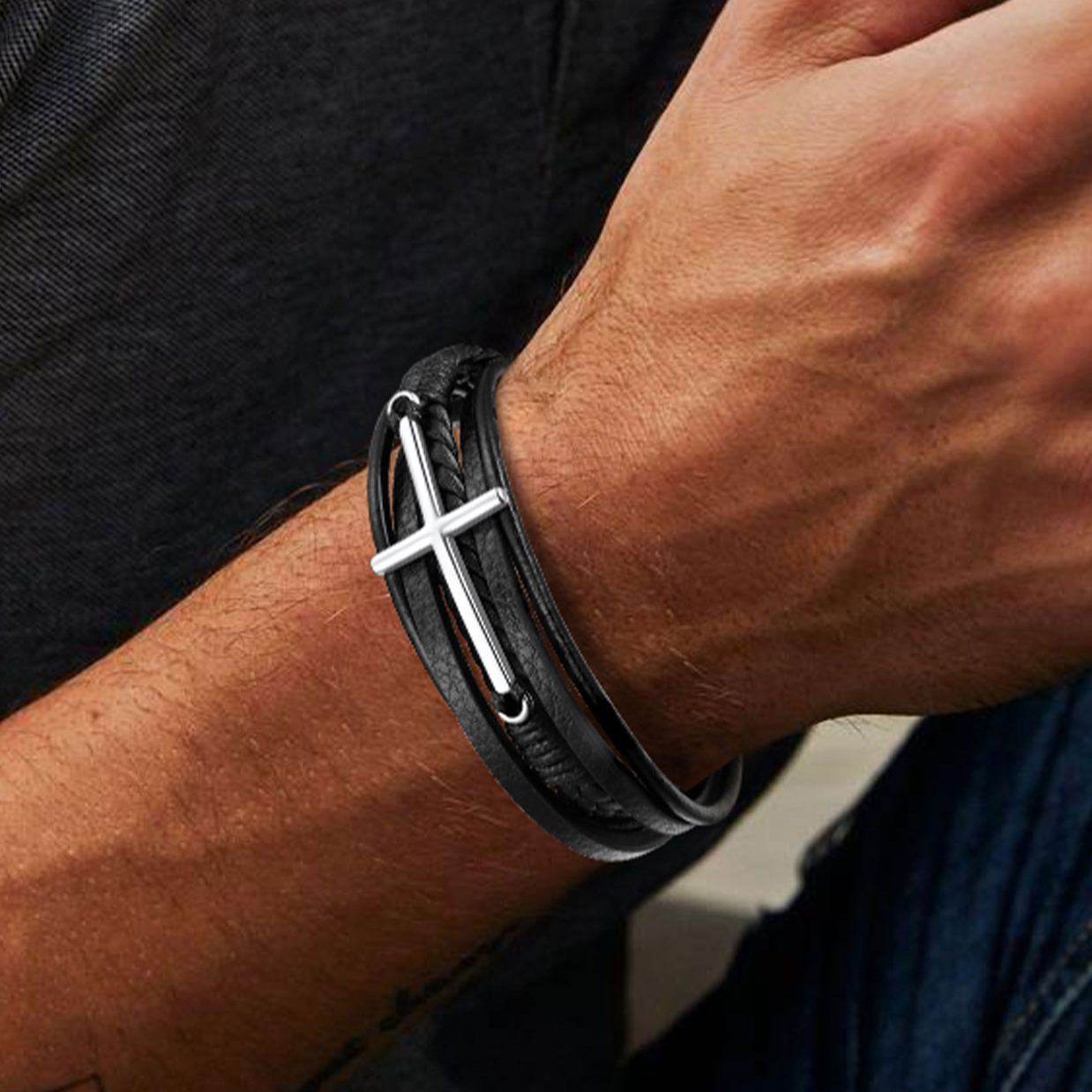 Cross Multi Layered Leather Cord Bracelet