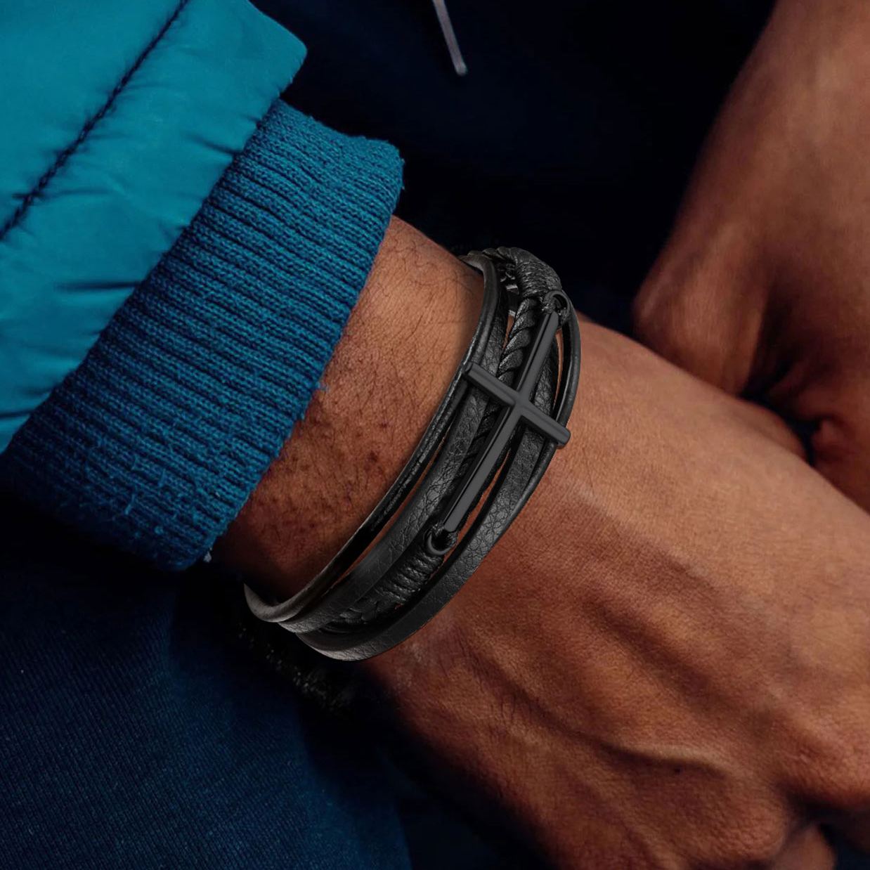 Cross Multi Layered Leather Cord Bracelet