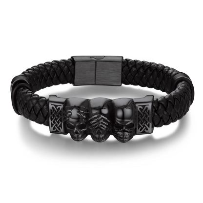 Skull Style Leather Bracelet With Pattern In Button(Black) - main image