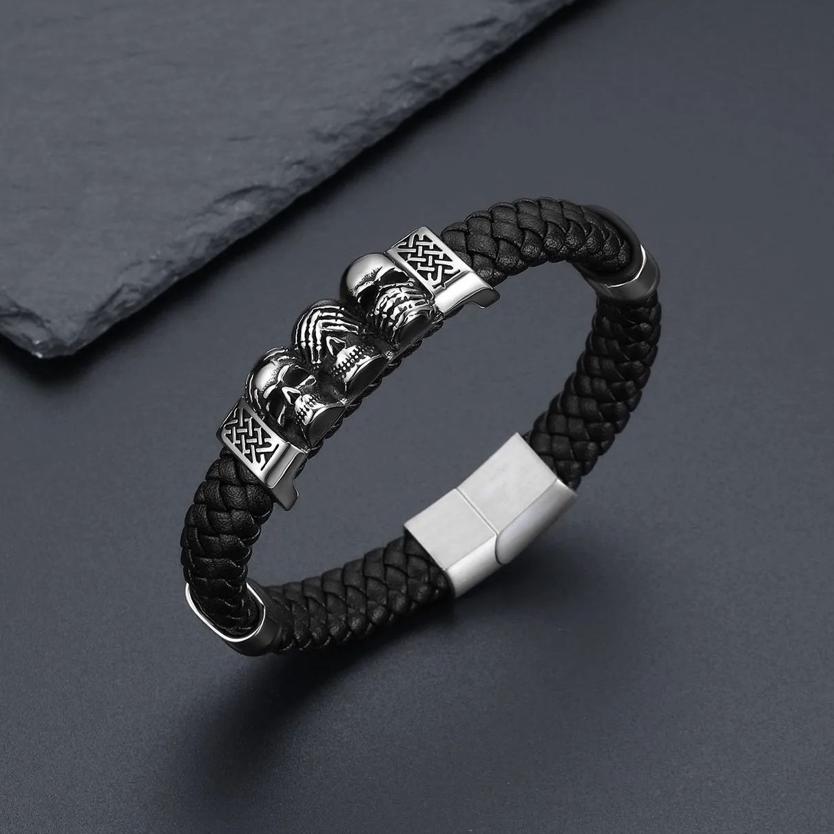 Skull Style Leather Bracelet With Pattern In Button(Silver) - scene image