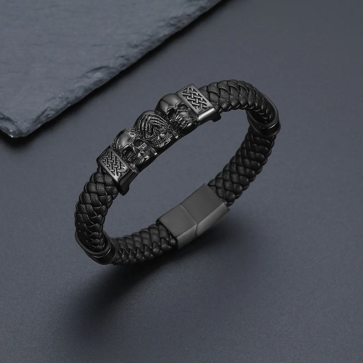 Skull Style Leather Bracelet With Pattern In Button(Black) - scene image