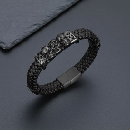 Skull Style Leather Bracelet With Pattern In Button(Black) - scene image