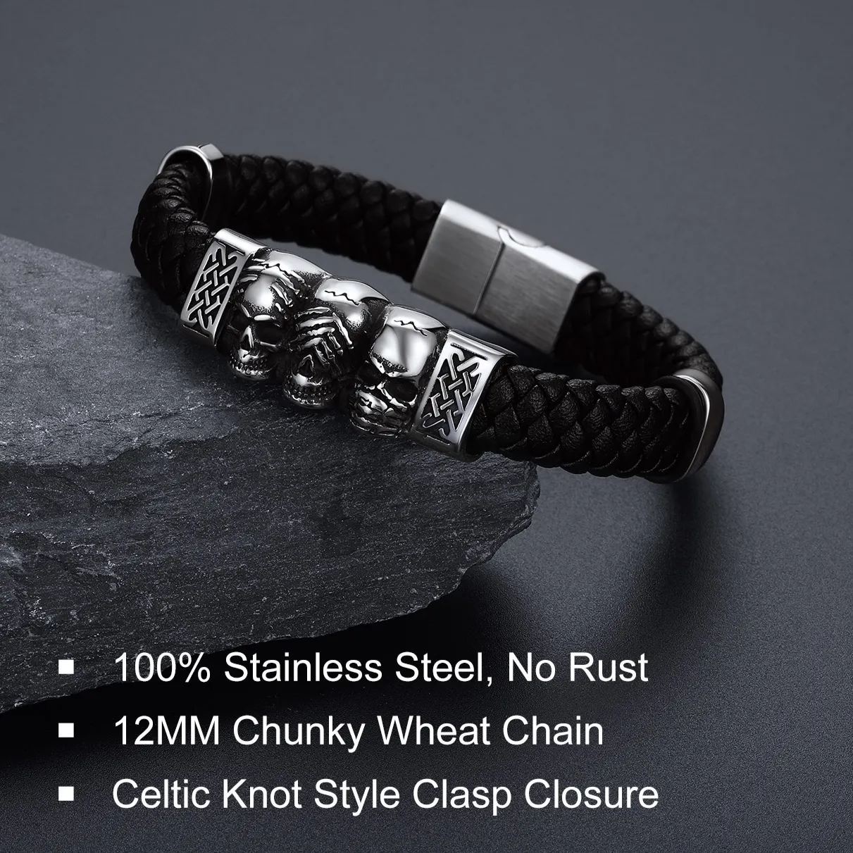 Skull Style Leather Bracelet With Pattern In Button(Silver) - product detail