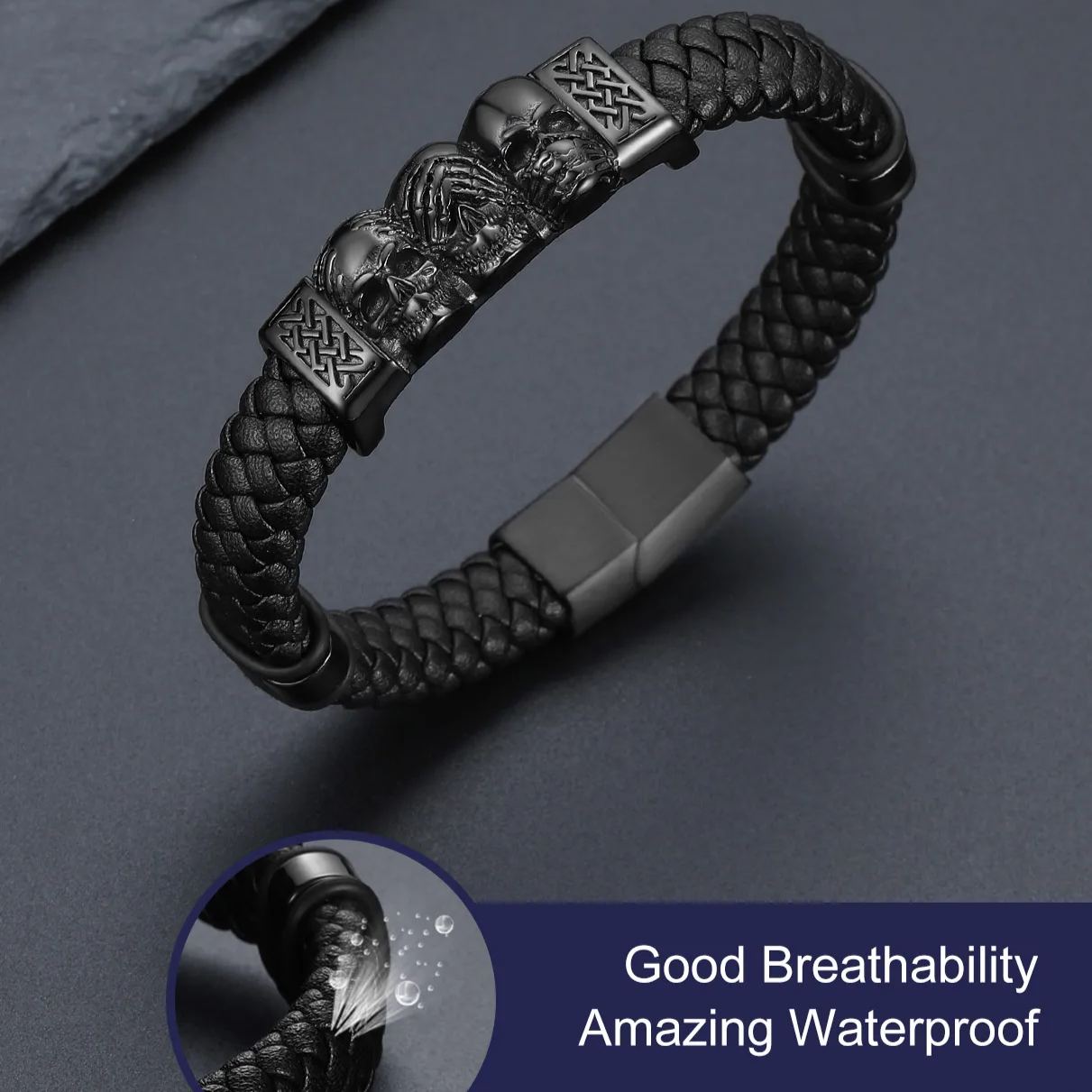 Skull Style Leather Bracelet With Pattern In Button(Black) - product detail