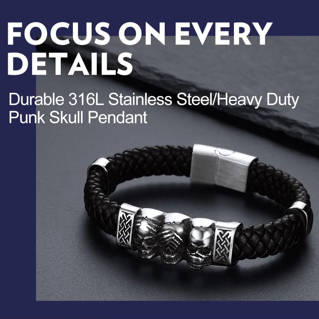 Skull Style Leather Bracelet With Pattern In Button(Silver) - product detail