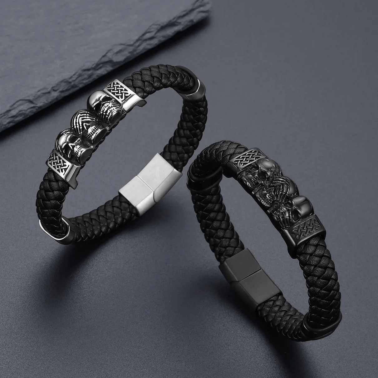 Skull Style Leather Bracelet With Pattern In Button(Black And Silver Collection) - scene image
