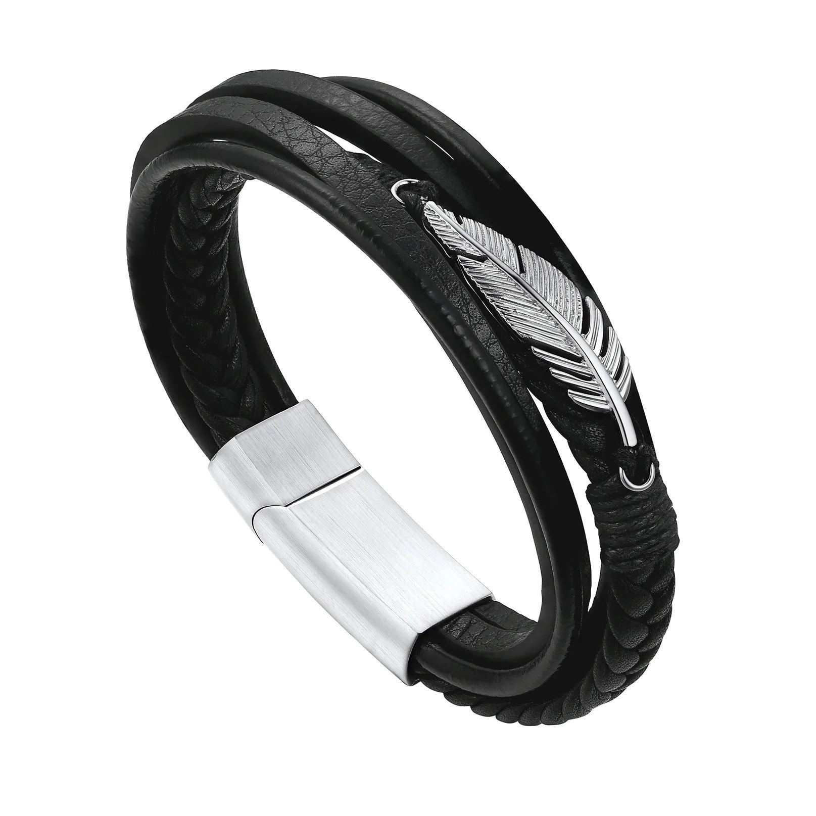 Men’s Braided Leather Bracelet With Magnetic Clasp - product detail(main image)