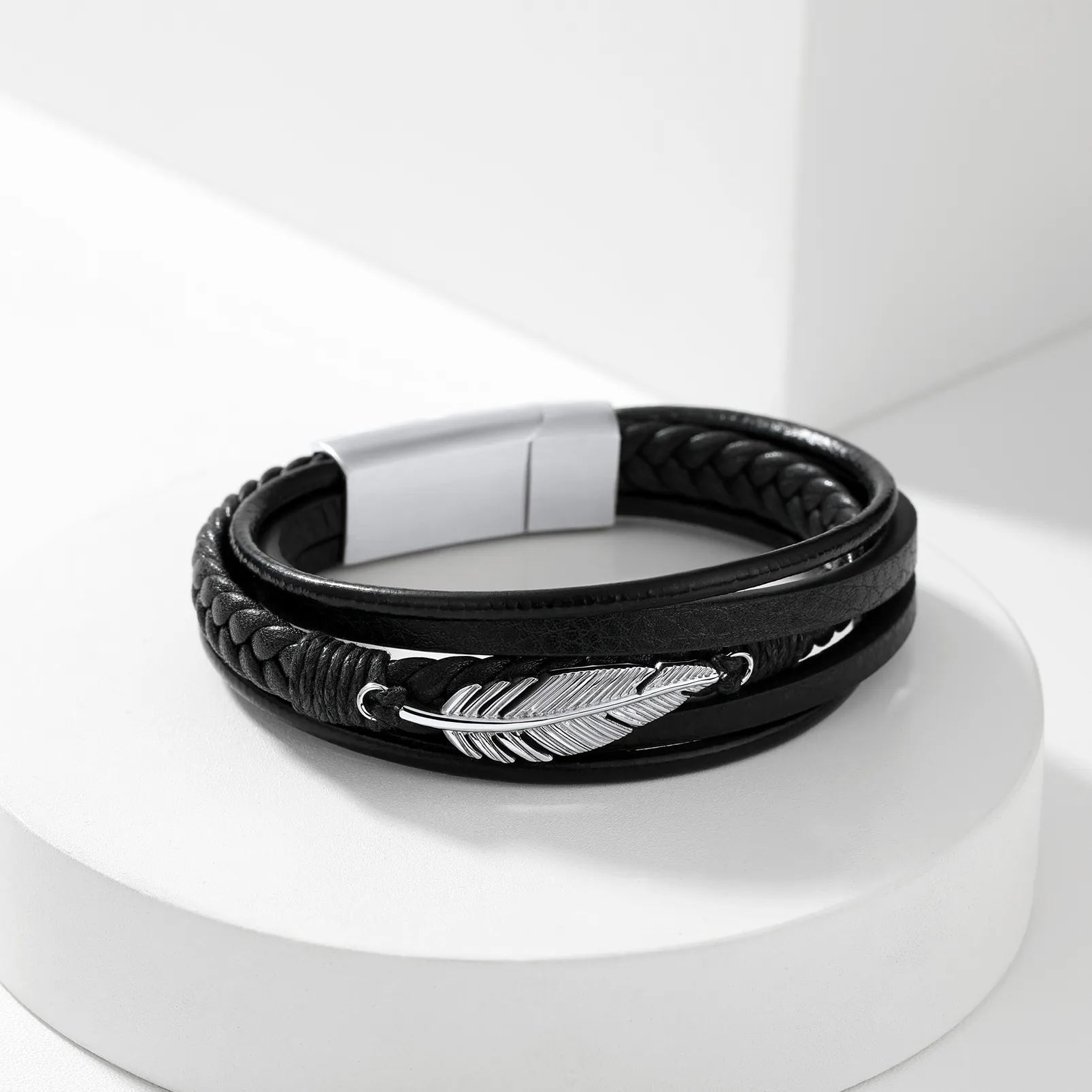 Men’s Braided Leather Bracelet With Magnetic Clasp - product detail(3)
