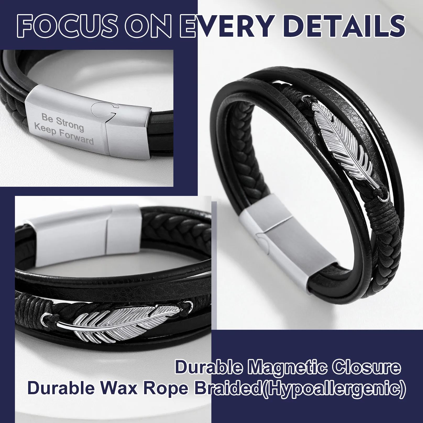 Men’s Braided Leather Bracelet With Magnetic Clasp - product detail(4)