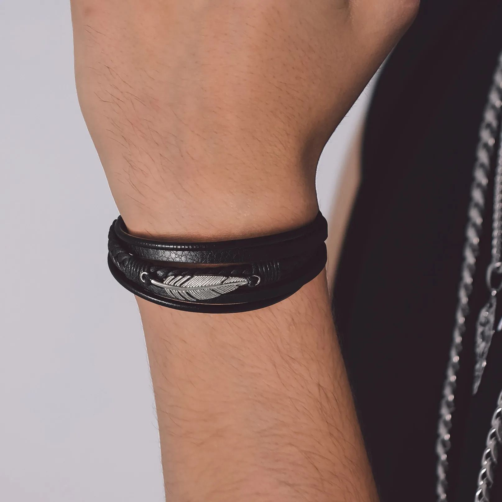 Men’s Braided Leather Bracelet With Magnetic Clasp - wearing effect