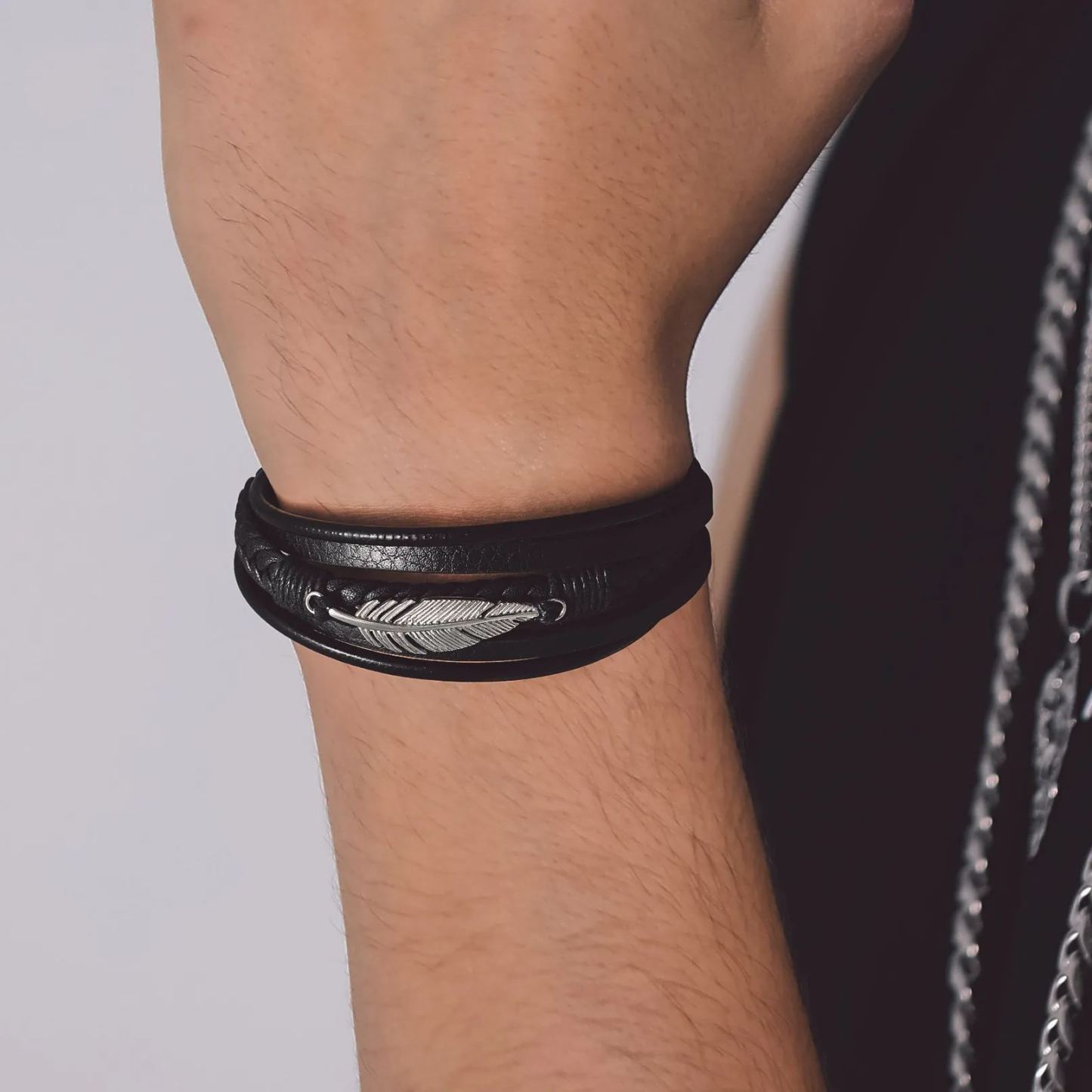 Men’s Braided Leather Bracelet With Magnetic Clasp - wearing effect