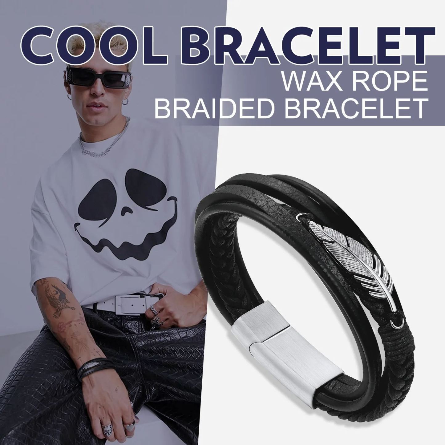 Men’s Braided Leather Bracelet With Magnetic Clasp - model effect