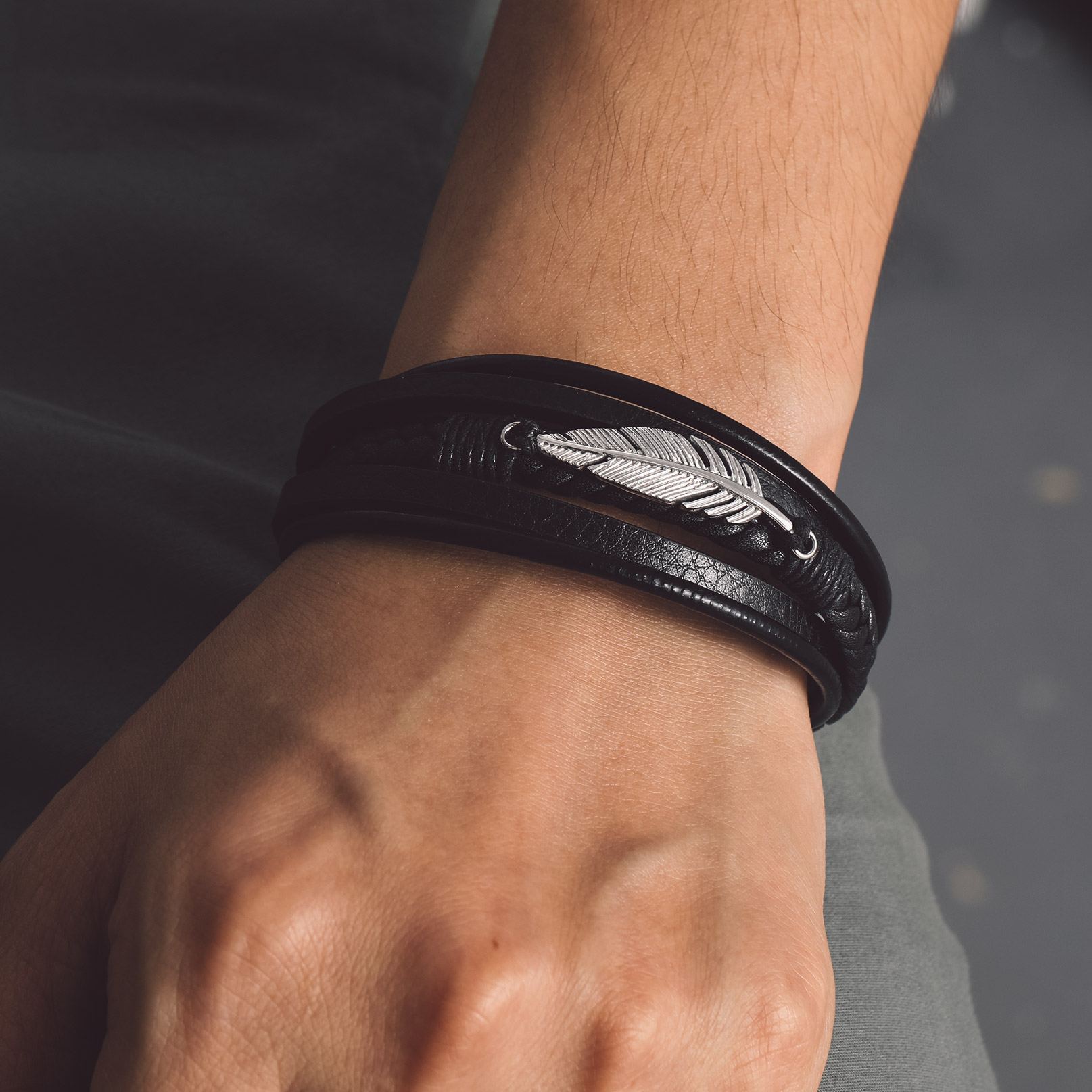 Men’s Braided Leather Bracelet With Magnetic Clasp - wearing effect(1)