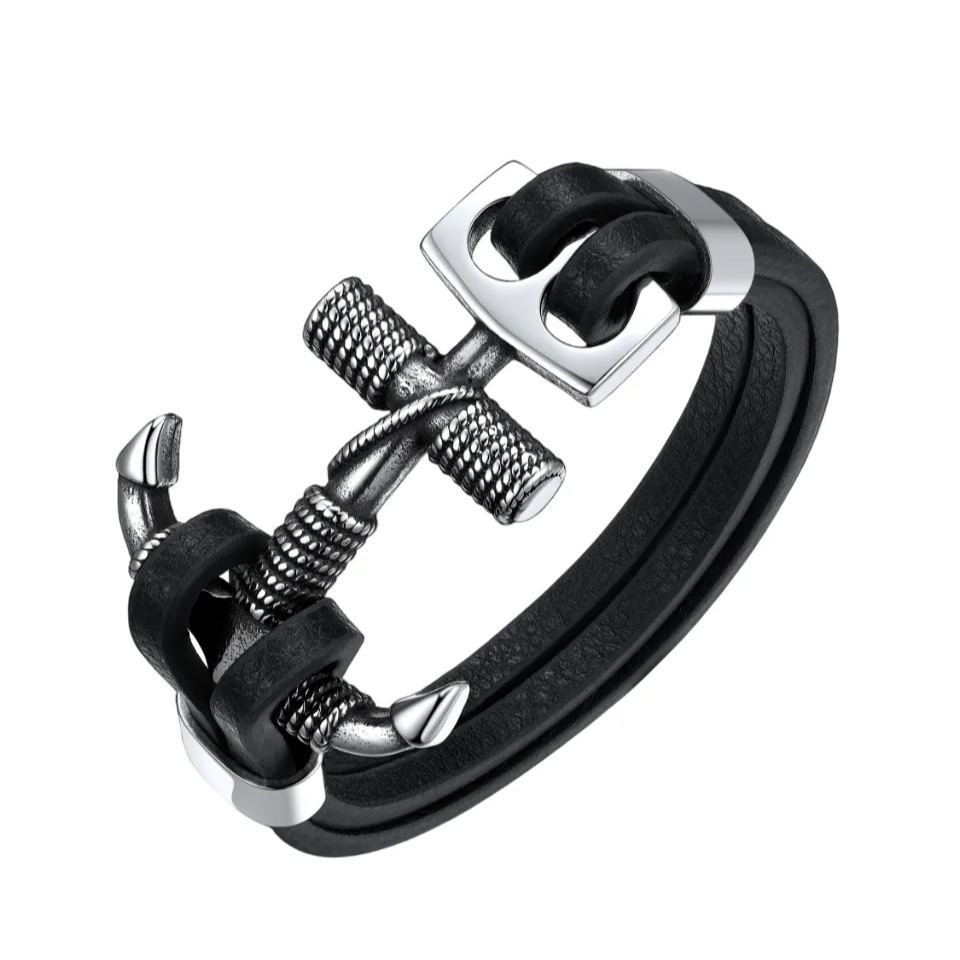 Men’s stainless steel anchor leather bracelet with nautical design and black leather band - main image