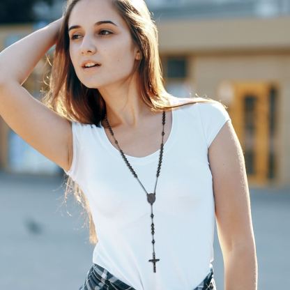 Cross Pendant Chain Necklace Michelle Rosary Beads Black - women wearing effect