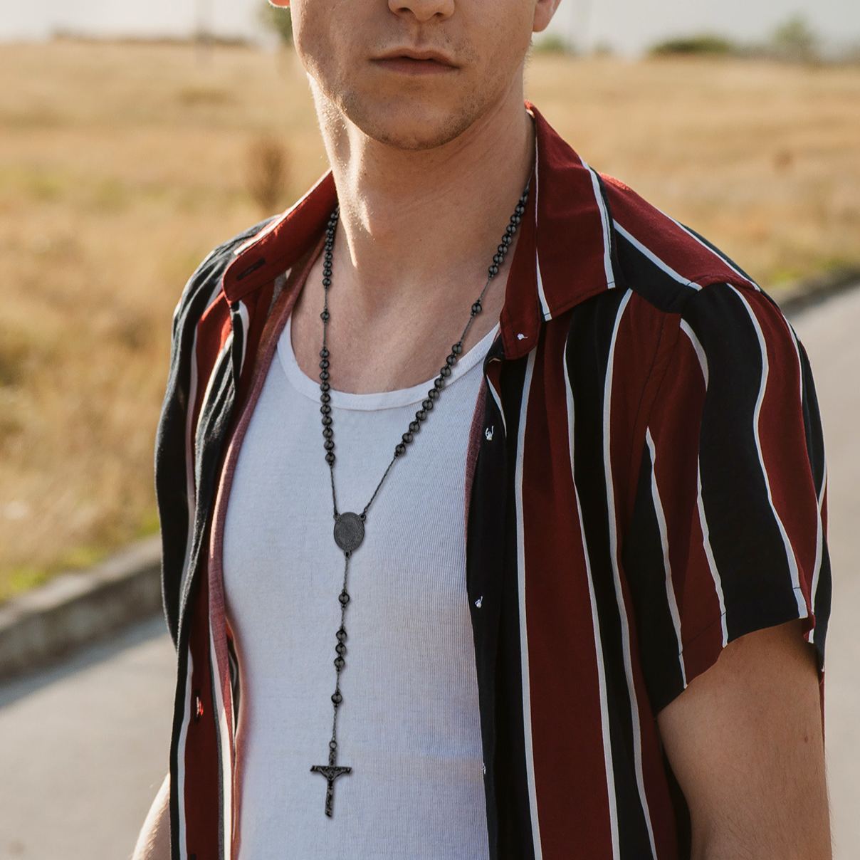 Cross Pendant Chain Necklace Michelle Rosary Beads Black - men wearing effect