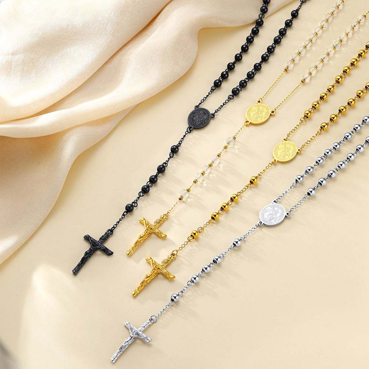 Cross Pendant Chain Necklace Michelle Rosary Beads Black And Silver Gold Collection(3)