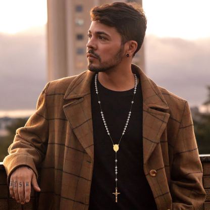 Cross Pendant Chain Necklace Michelle Rosary Beads Gold - men wearing effect