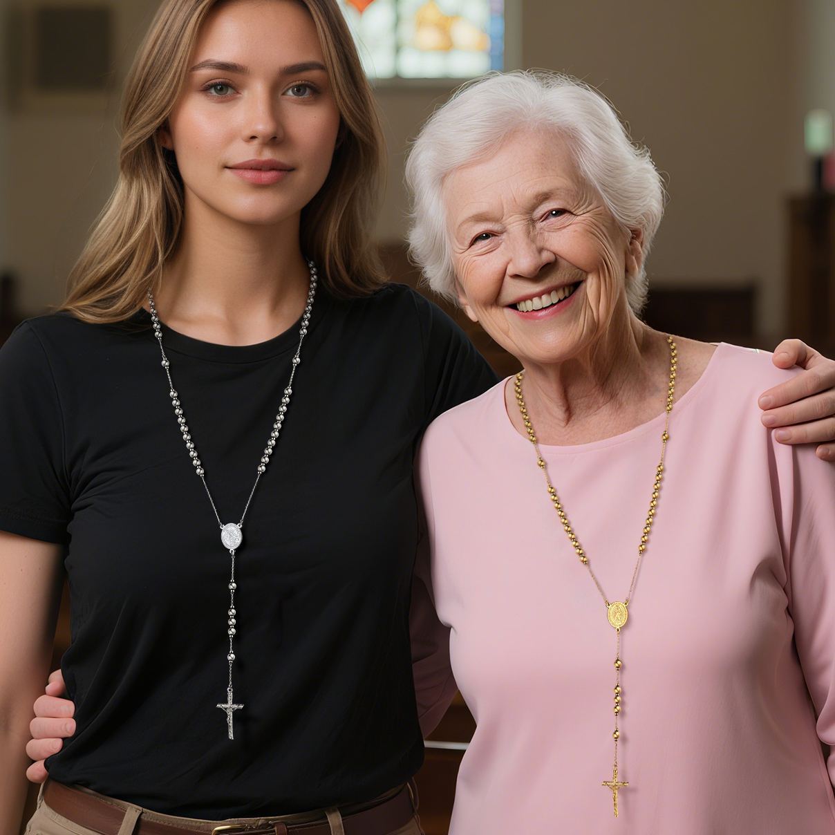 Cross Pendant Chain Necklace Michelle Rosary Beads Silver And Gold Collection