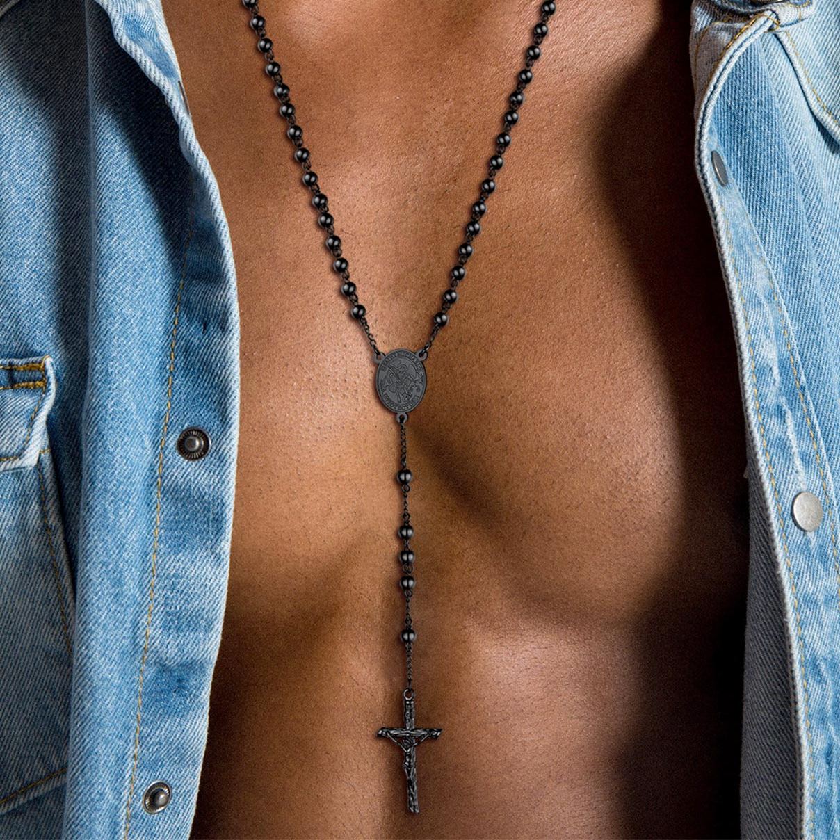 Cross Pendant Chain Necklace Michelle Rosary Beads Black - men wearing effect(2)