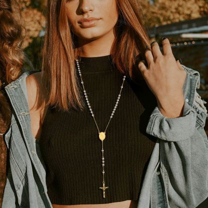 Cross Pendant Chain Necklace Michelle Rosary Beads Gold - women wearing effect