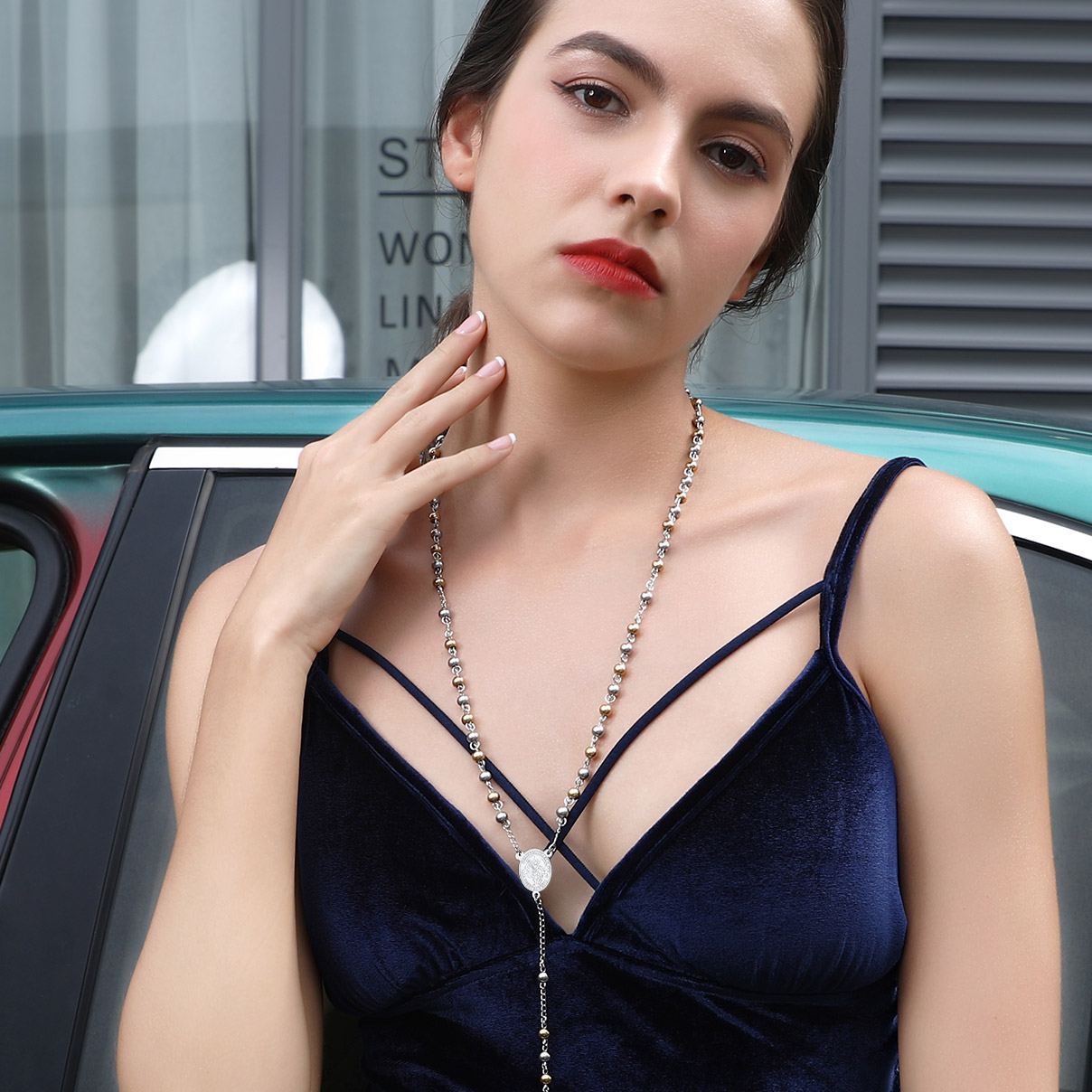 Cross Pendant Chain Necklace Michelle Rosary Beads Silver -women wearing effect