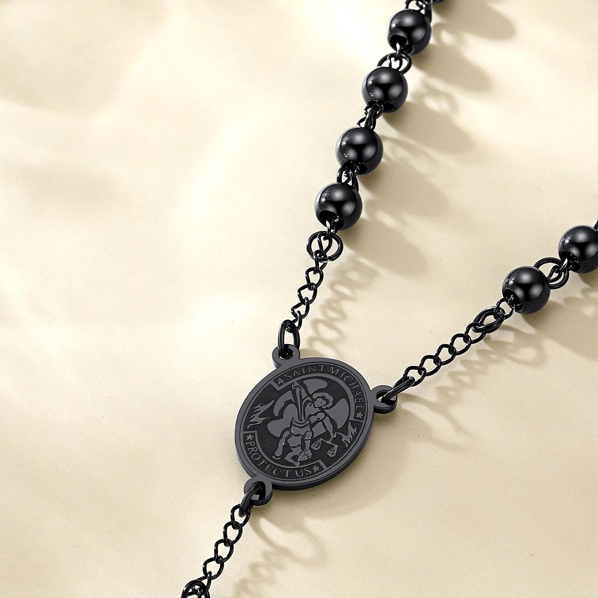 Cross Pendant Chain Necklace Michelle Rosary Beads Black - product detail (2)