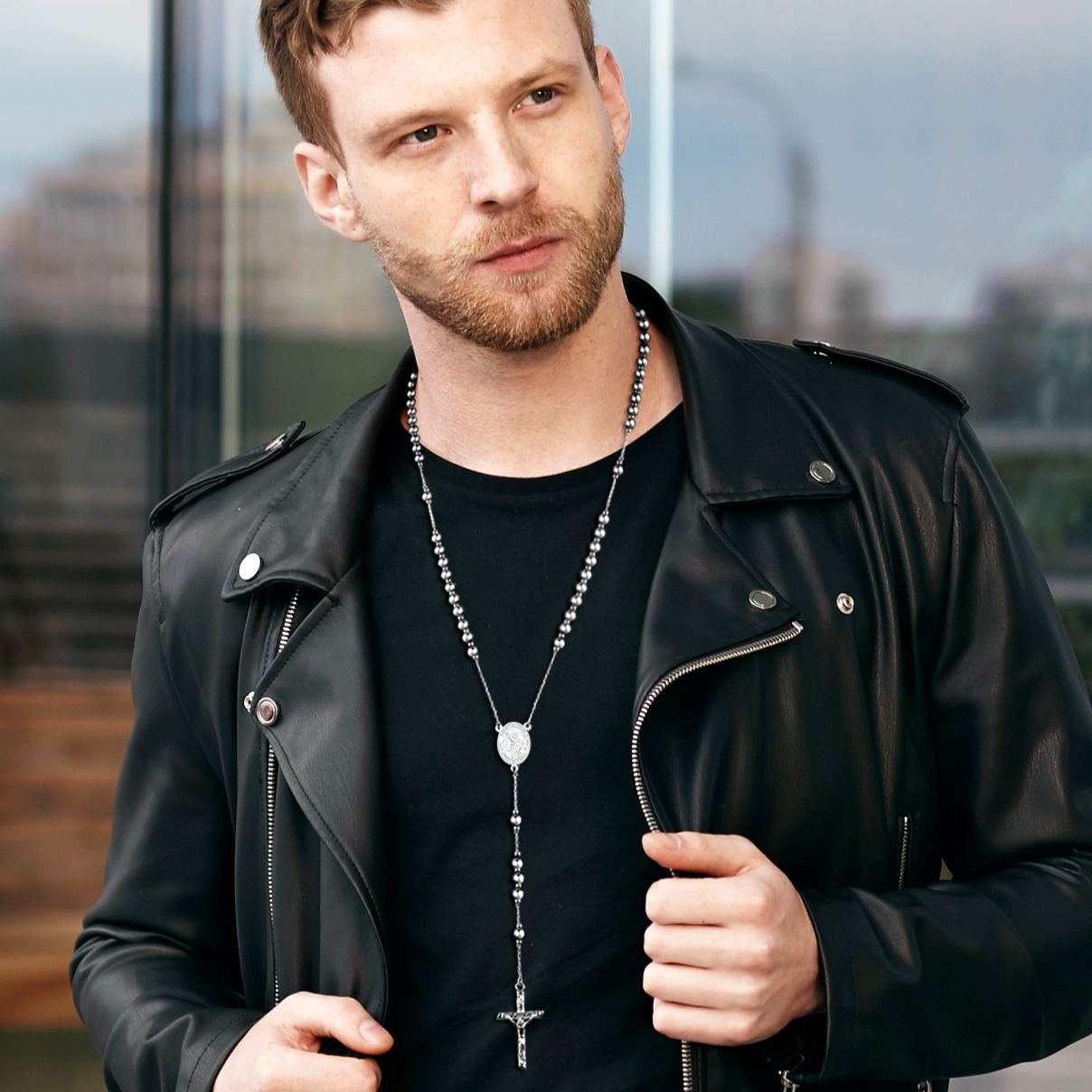 Cross Pendant Chain Necklace Michelle Rosary Beads Silver - men wearing effect