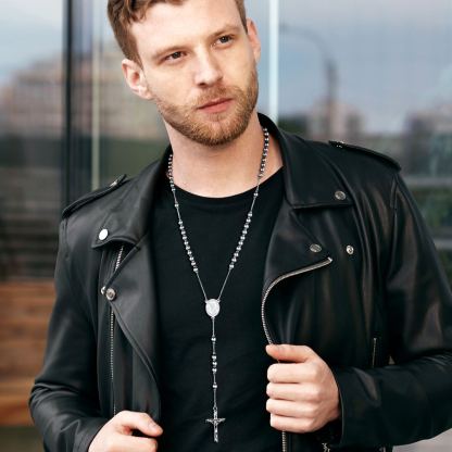 Cross Pendant Chain Necklace Michelle Rosary Beads Silver - men wearing effect