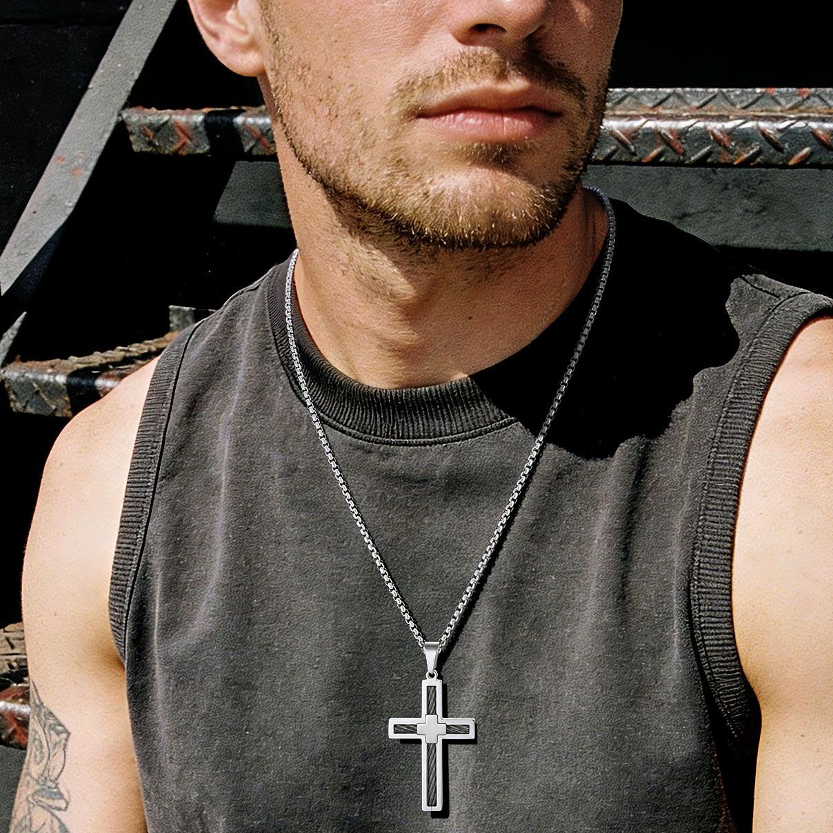 Twisted Pattern Cross Necklace Pendant Stainless Steel Silver - model effect(2)