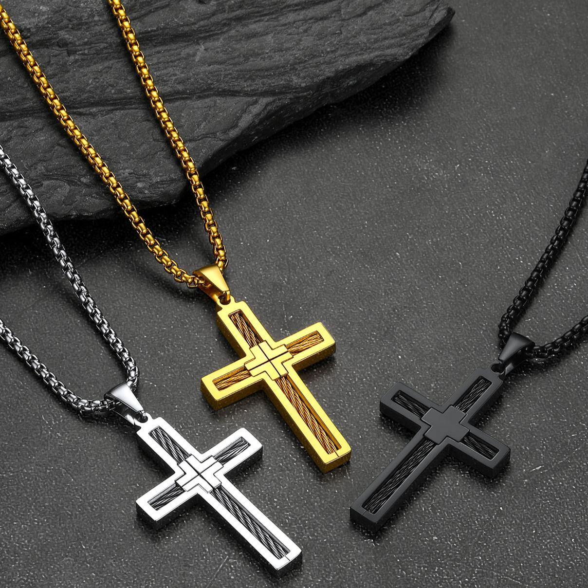 Twisted Pattern Cross Necklace Pendant Stainless Steel Silver Gold Black Collection