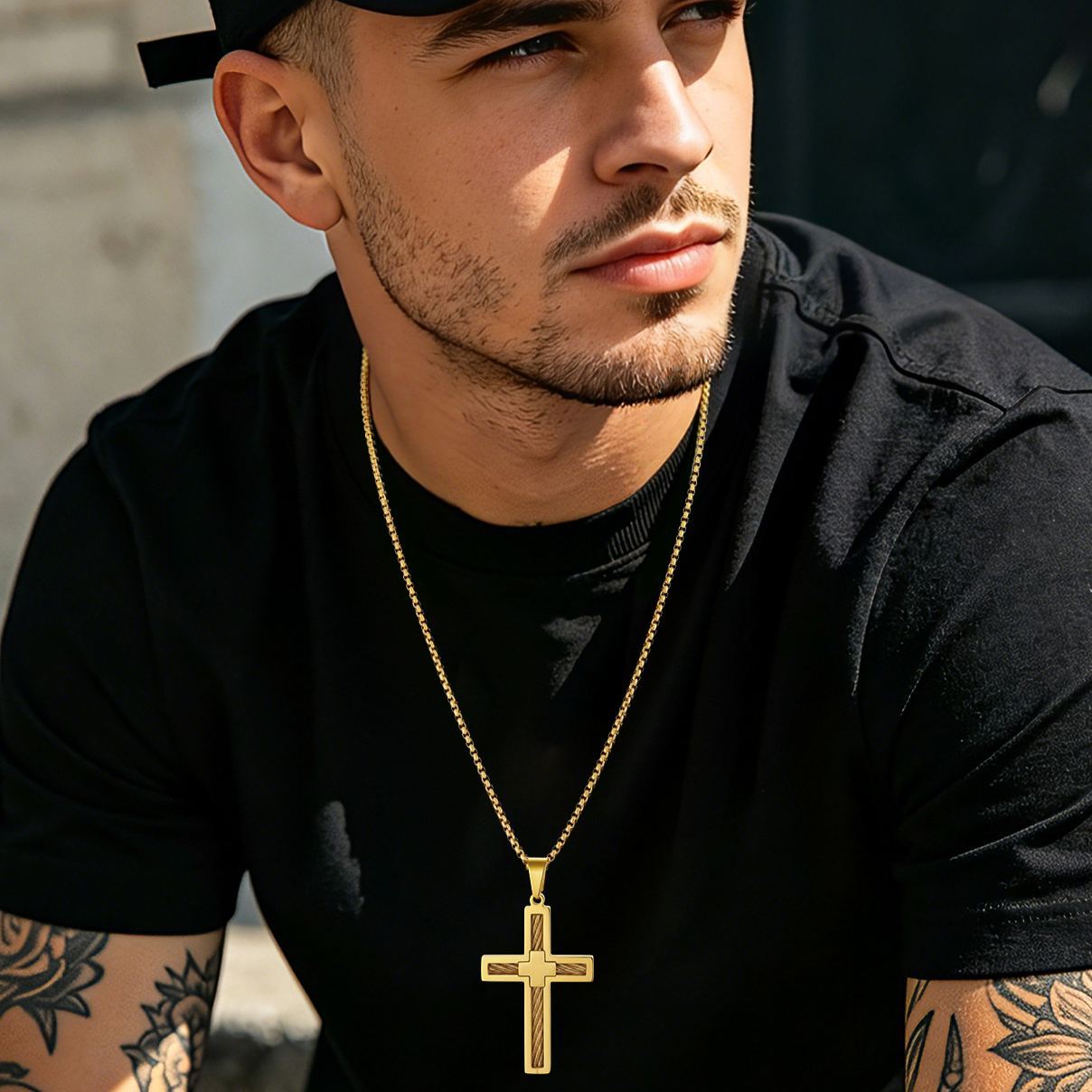 Twisted Pattern Cross Necklace Pendant Stainless Steel Gold - model effect(2)